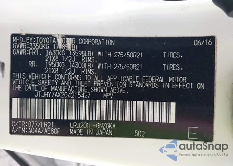 2016 Lexus Lx 570 z USA, uszkodzony, nr VIN JTJHY7AX2G4215427